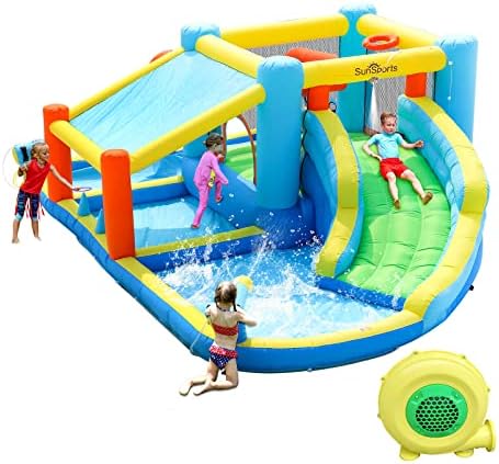 Водни пързалки SunSports Надуваеми, Къщичка за скокове в задния двор за деца, Надуваем Аквапарк с басейн от пръски, Къща