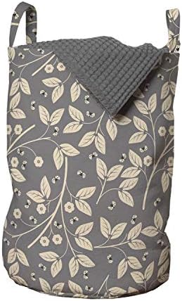 Чанта за дрехи Ambesonne Leaves Пролетна Зеленина с Декоративна Композиция във формата на Летящи лабиринт мишка, Кошница за дрехи с дръжки, заключващи на шнур, за пране, 13 x