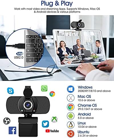 Уеб камера HD 1080P, Уеб-камера с микрофон USB и капачка, Потоковая уеб камера за КОМПЮТЪР, Щепсела и да играе, Съвместима