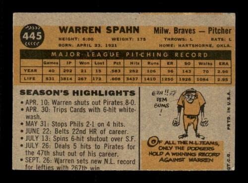 445 Уорън Спан КОПИТО - Бейзболни картички Topps 1960 (Звезден) С Градацией VG - Реколта Картички с автограф бейсболистов