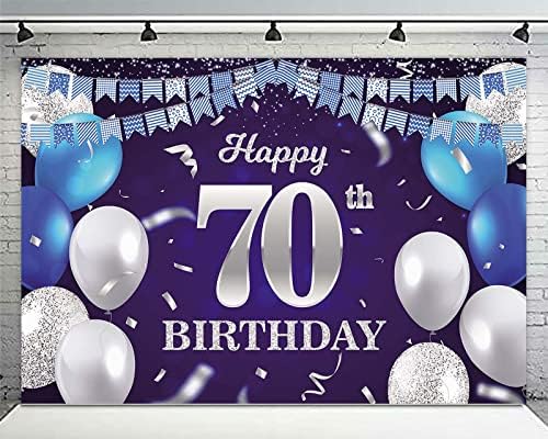 От 70-ти Рожден Ден Банер на Фона на Тъмно-Сини Балони, Конфети Ивица Флаг Светлинни Петна Поздрави 70-Годишен Тематичен