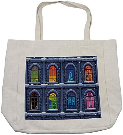 Градска чанта за пазаруване Ambesonne, Сграда с цветни прозорци на фона на Снежна зимна нощ, Илюстрация, Дългогодишна