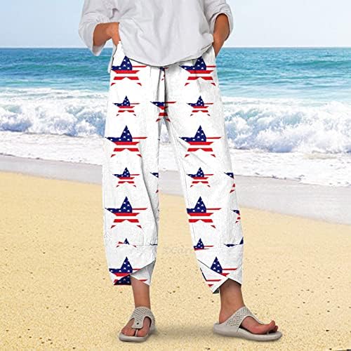 Дамски Спортни Панталони-Зреещи WOCACHI, Дамски Ленени Панталони с Принтом на Американското, Скъсяване на Плажни Панталони