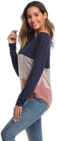 Женска тениска Свободно намаляване на Andongnywell с дълги ръкави и един деколте, Ежедневни Вязаная блуза с меки странични закрутками и мек възел (Синьо 1, малка)