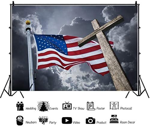 Laeacco Винил Фон за Снимки с Флага на сащ 10x8 фута, Фон с Кръста на Христос, Звезди и Ленти, Дървено Разпятие, Тъмни