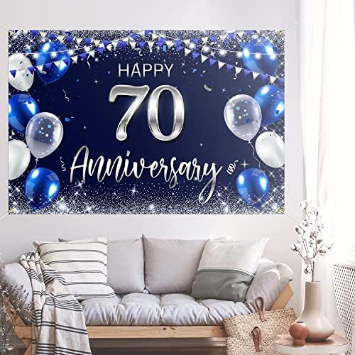 Честит Фон за 70–Годишнината на Банер Декор Тъмно Синьо - Сребрист Блясък Честит 70-Годишен Юбилей от Сватбата Тематични