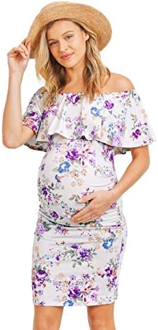 Женствена рокля за бременни с Флорални Волани и Отворени Рамене Здравей МИЗ - Произведено в САЩ