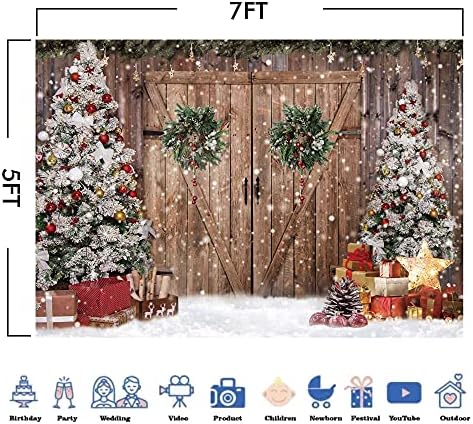 Felortte 8x6FT Полиестерен Плат Зимна Коледна Селска Плевня Дървена Врата Фон За Снимки Коледно Дърво Снежните Подаръци