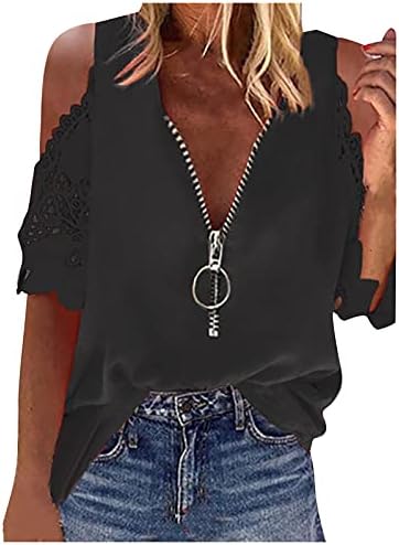 Женска Тениска с V-образно деколте с цип, Отворени рамене, Завързана деколте, Елегантен Върхове, Обикновен Блузи Свободно,