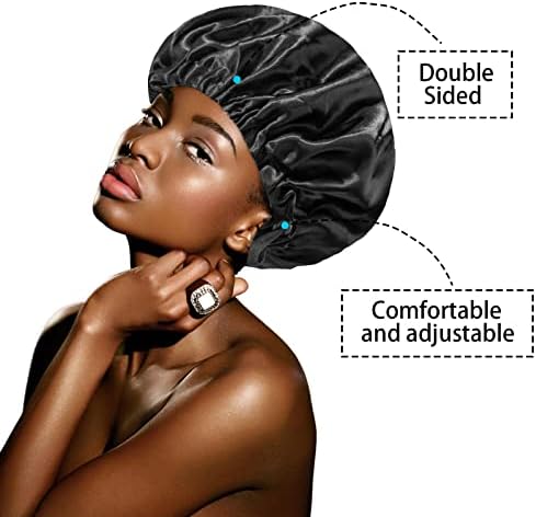 Awegeo 3 Големи черни Двуслойни нощни капачките Жените носят Сатен спален чепец за защита на косата