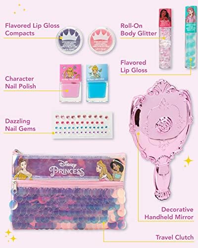 Набор от козметични продукти за грим Frozen Princess Makeover от Дисни за момичета - Лак за нокти от 9 теми, блясък за устни и пудреницы, пайети във формата на ролки, скъпоценни к