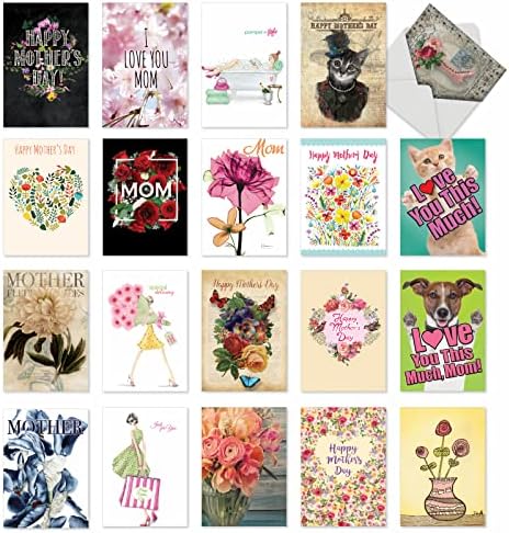 NobleWorks 20 Различни кутия картички за Деня на майката с конвертами с размер 5 х 7 инча (20 дизайни, по 1 на всяка)